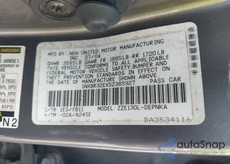 2005 Toyota Corolla Ce/Le/S z USA, uszkodzony, nr VIN 1NXBR32EX5Z385927